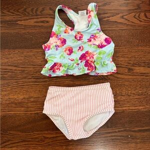 Ruffle Butts Girls 2T blue and pink floral bikini w/ pink seersucker